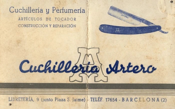 Karte der Messerschmiede Artero in der Straße Libretería in Barcelona, Mitte des 20. Jahrhunderts.